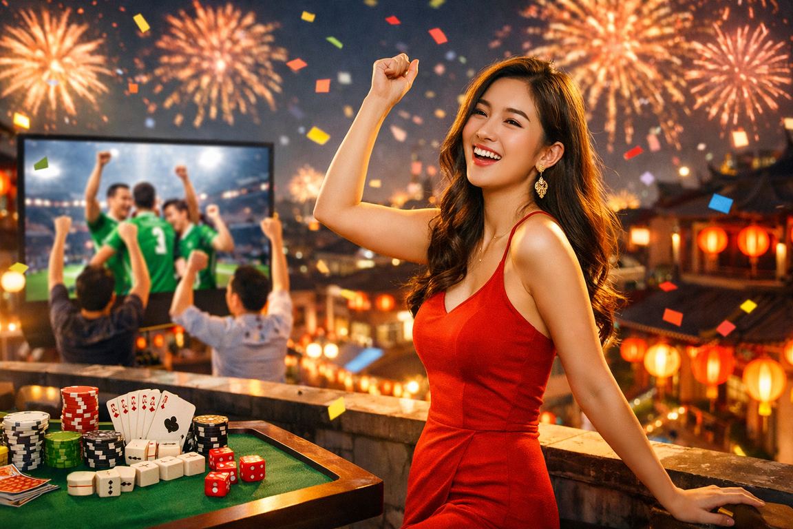 Không khí chơi bài truyền thống tại Hà Nội với đèn lồng đỏ và bàn bài casino trang trí lễ hội
